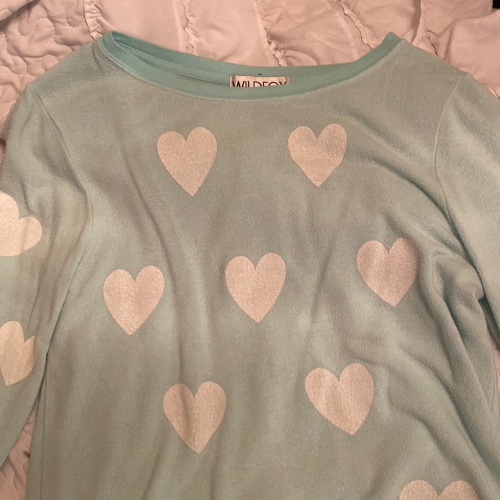 Wildfox sweatshirt in faded teal with white hearts size XS